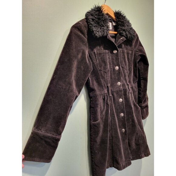 Y2K Zu Black Corduroy Mid Length Coat Faux Fur Collar Button Up Juniors L - Picture 4 of 8